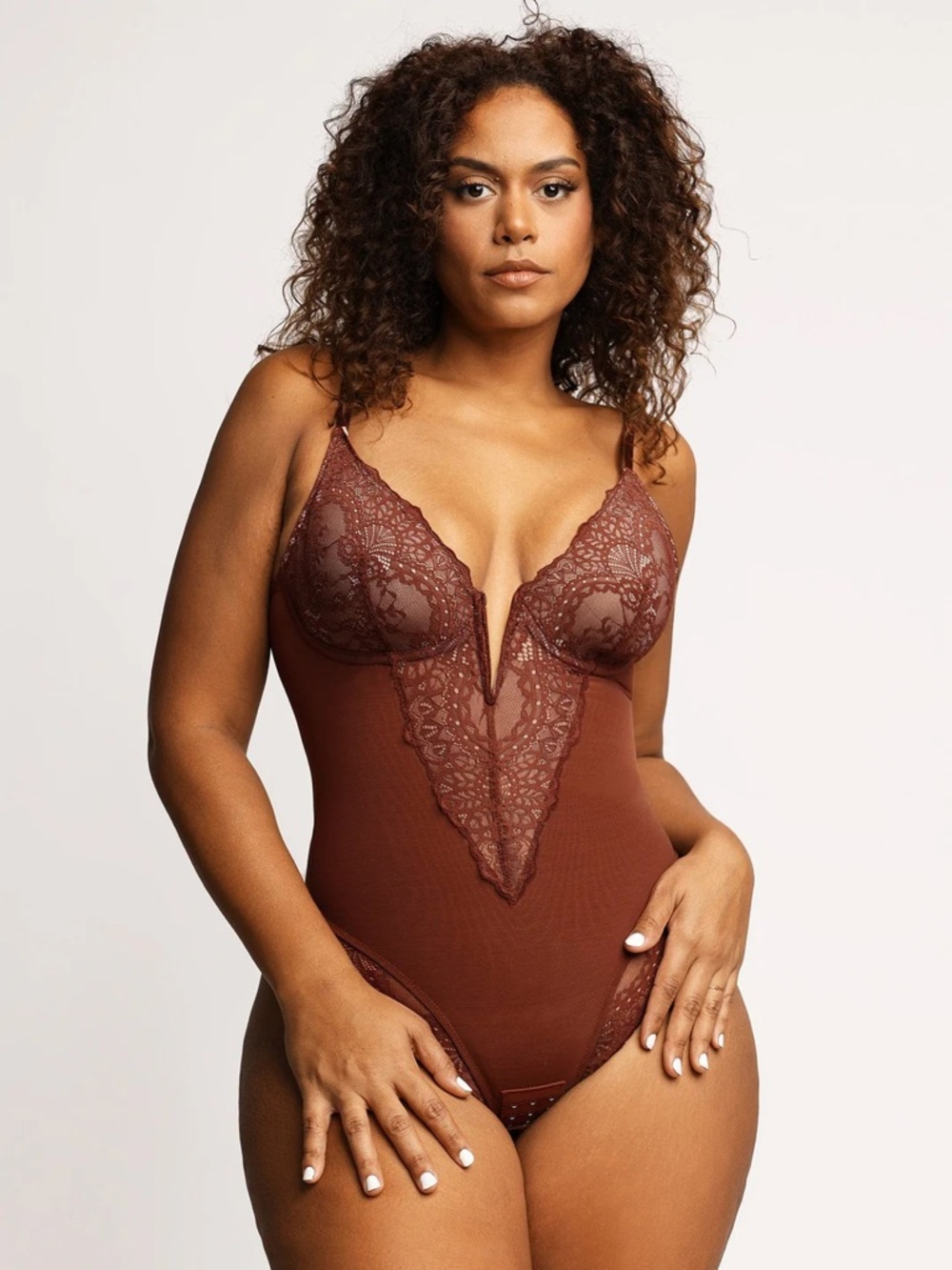 Popilush Shapewear Lace Deep V-Neck Sculpting Thong Bodysuit 3XL in Brown - Picture 2 of 9